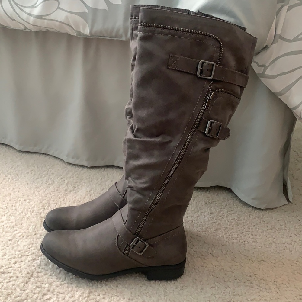 Gray riding boots